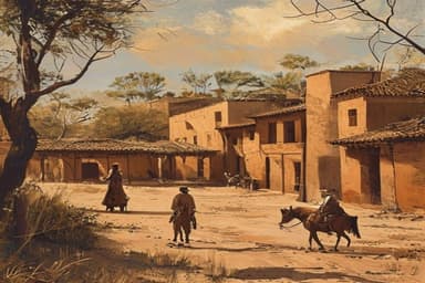 A painterly 1824 Guanacaste colonial town square: warm adobe buildings with clay-tile roofs, dry-forest trees, and small distant sabanero figures crossing the dusty plaza in golden light.