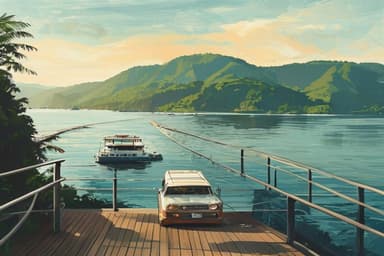 A car on a ferry deck crossing the calm Gulf of Nicoya toward forested green peninsula hills, another ferry mid-crossing, warm late-afternoon light.