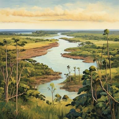 A painterly editorial illustration of the Curú Wildlife Refuge — dry forest meeting a mangrove channel and the Pacific coast on the southern Nicoya Peninsula.